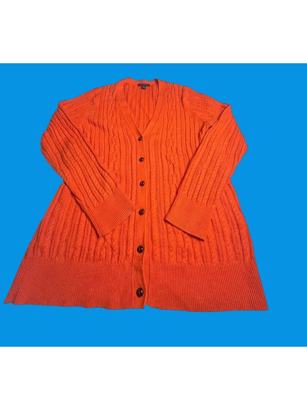 Lands End Womens Orange Cable Knit Cardigan Sweater L Cotton Nylon Wool Blend